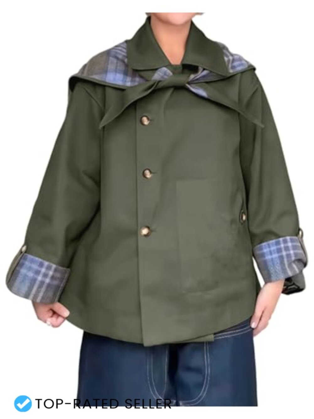 Women's Cropped Trench Coat Notch Collar Plaid Jacket Pockets